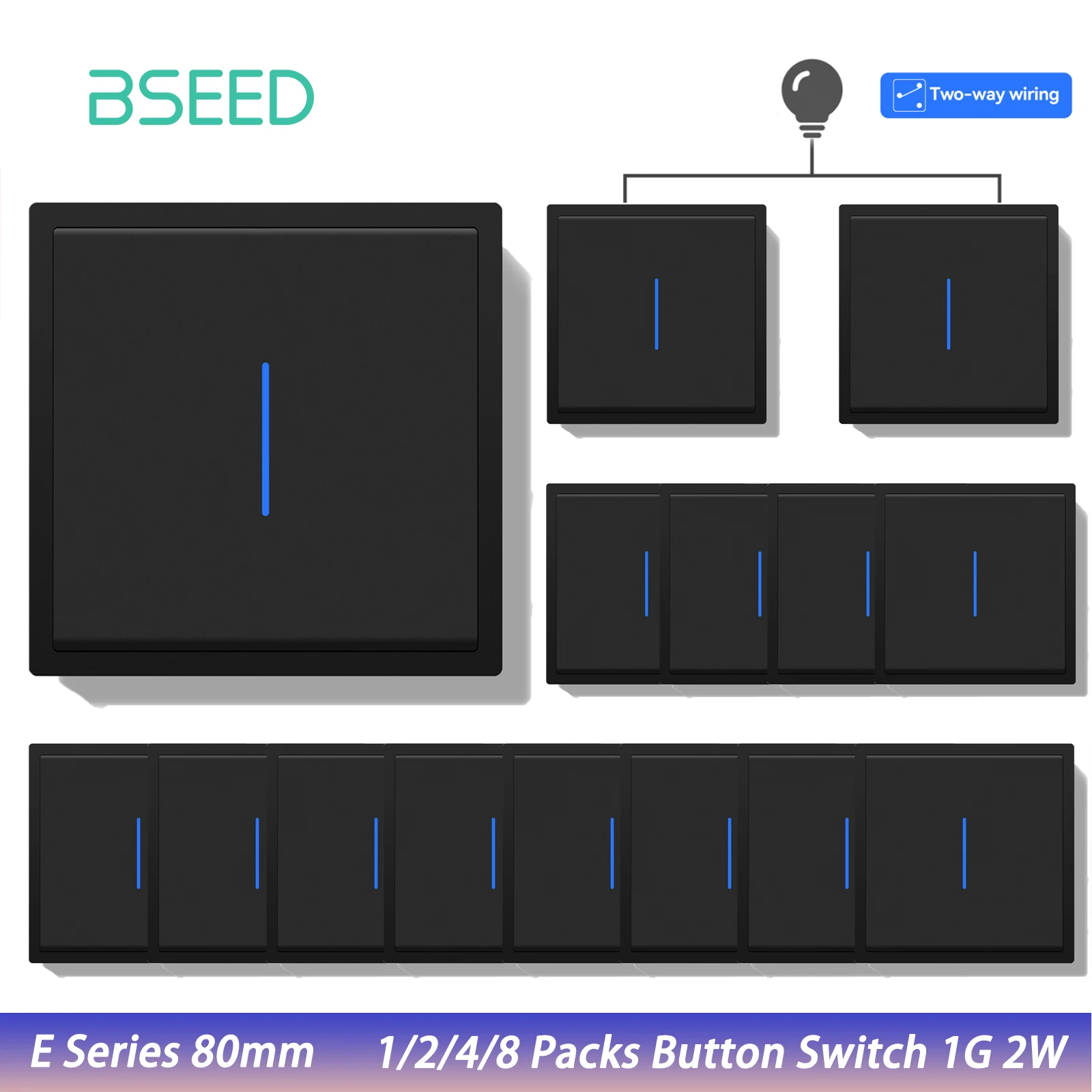 BSEED E Series 1/2/4/8 Packs 1Gang 2Way Button Light Switch Plastic Frame Wall Light Switch On Off For Stairs LED Backlight