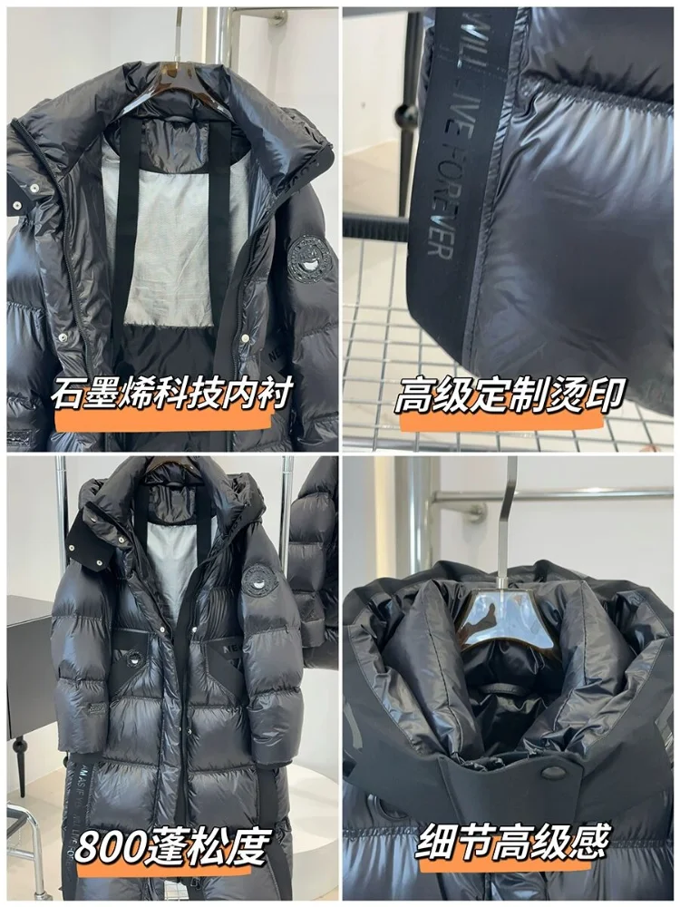 Veste noire à capuche en duvet pour femmes, design brillant, chaud, épais, longueur moyenne, mode hiver et automne, nouveau, 2024
