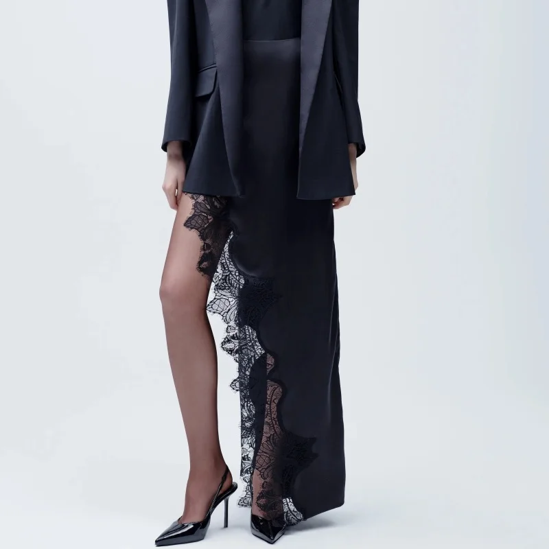

Women Silk Satin Half Slip Long Skirts Lace Trim Asymmetrical Maxi Skirt Elegant Silky Flowy A Line Midi Skirts