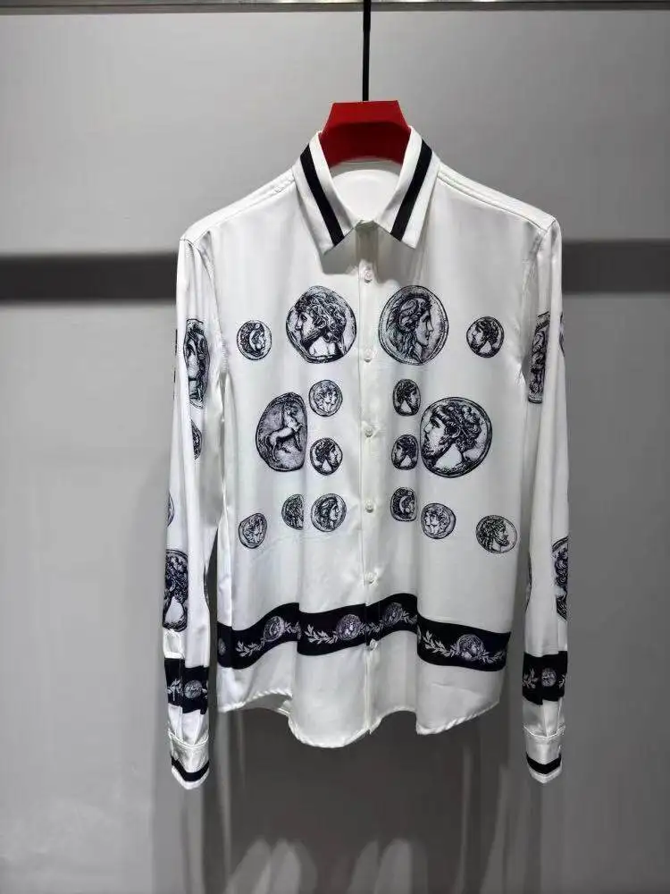 New men's long sleeved shirt with flower pattern  printing design, men's lapel button high-definition casual top image 6