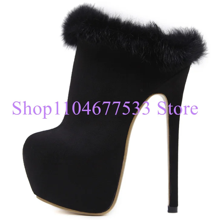 

Black Suede Platform Fur Ankle Boots Women Sexy Slip-on Stiletto Heel Short Boots Lady Large Size Party Shoes Slippers Booties