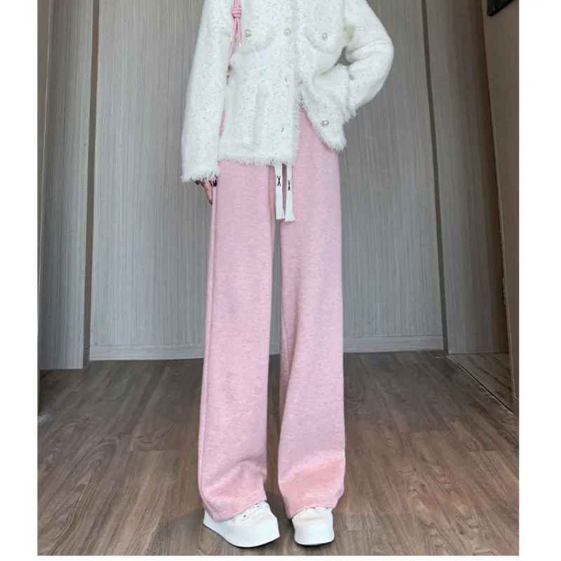 Women's Autumn Winter High Waisted Solid Elastic Flocking Drawstring Loose Casual Wide Leg Trousers Fashion Office Lady Pants