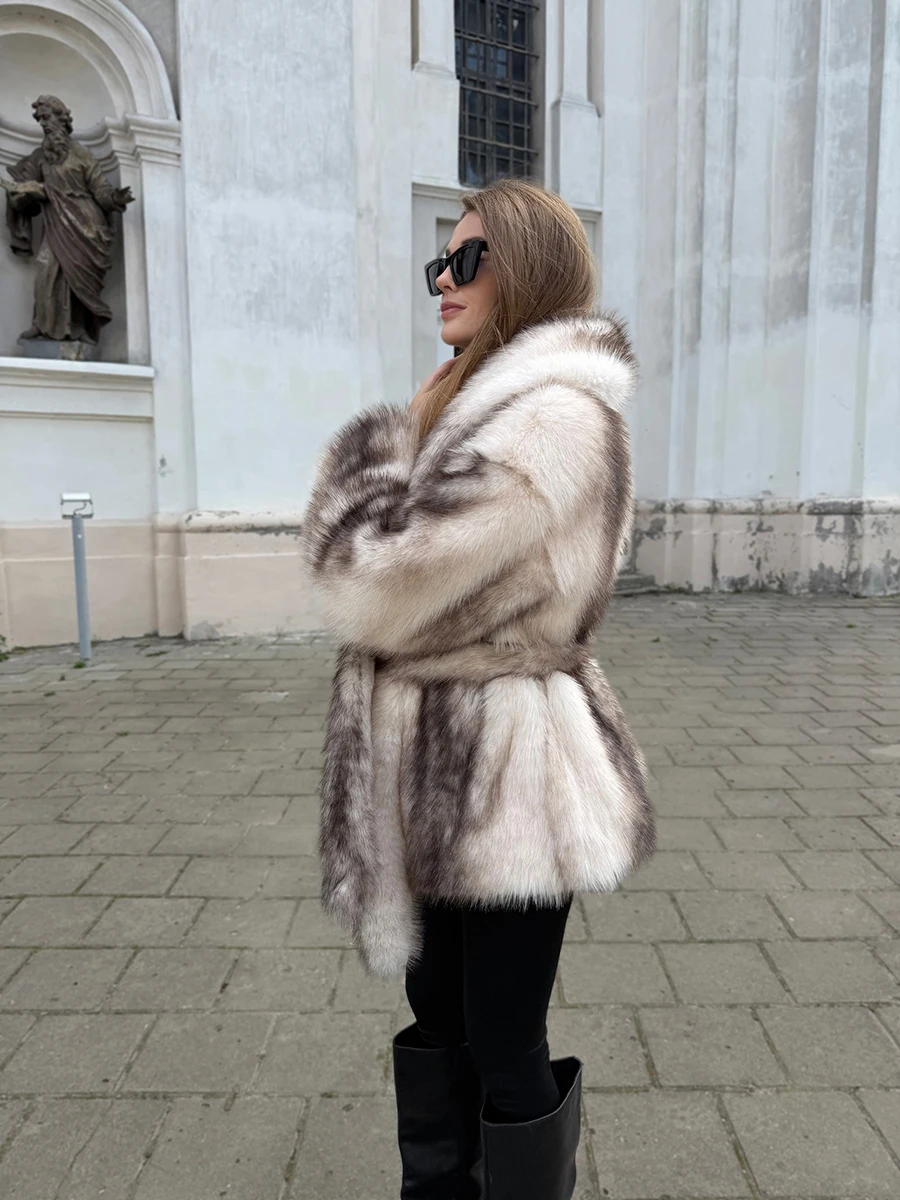 LIMO Gradient Women Faux Fox Fur Jacket Open Front Loose Fluffy Long Sleeve Furry Coat
