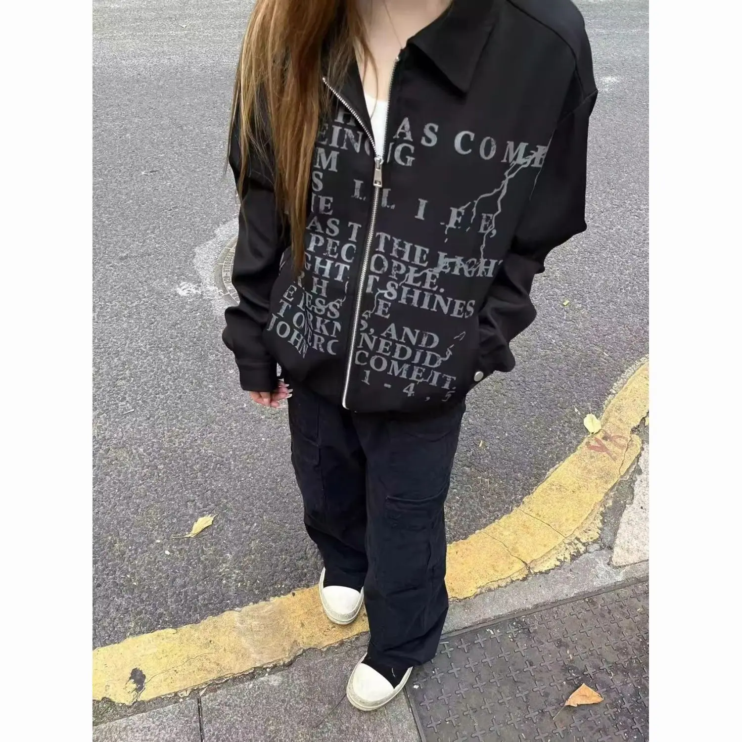 سترة بقلنسوة ذات ثقافة فرعية أمريكية كلاسيكية بأكمام طويلة للسيدات غير رسمية Y2k Harajuku مطبوعة بحروف يابانية معطف بسحاب ملابس خروج للخريف #6