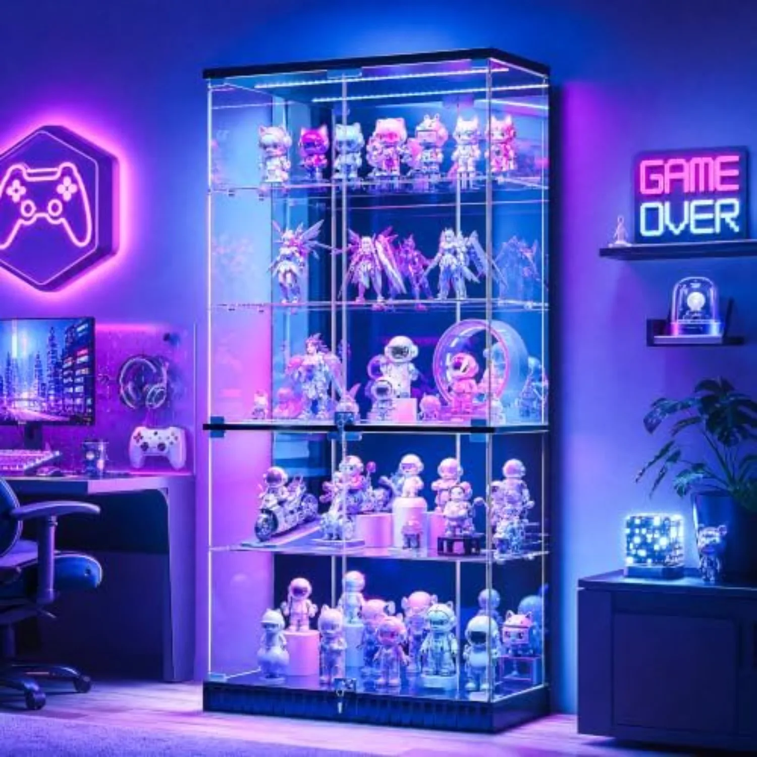 Full Glass Display Cabinet with RGB Lights and Lock for Collectibles, Black | Human Body Induction, 5 Dynamic & 7