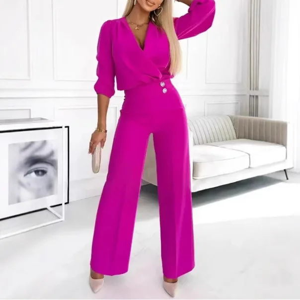 Женские комплекты из двух предметов, комплект брюк с v-образным вырезом и длинными рукавами, широкие брюки с высокой талией Y2k, уличная одежда, элегантное сращивание, работа