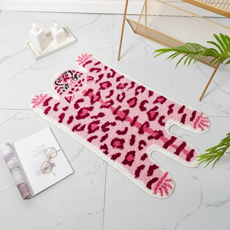 VIKAMA Pink Leopard Tiger Shaped Bath Mat Y2K Fluffy Absorbent Non Slip Bathroom Rug Cute Animal Bedroom Washable Floor Doormat view 5