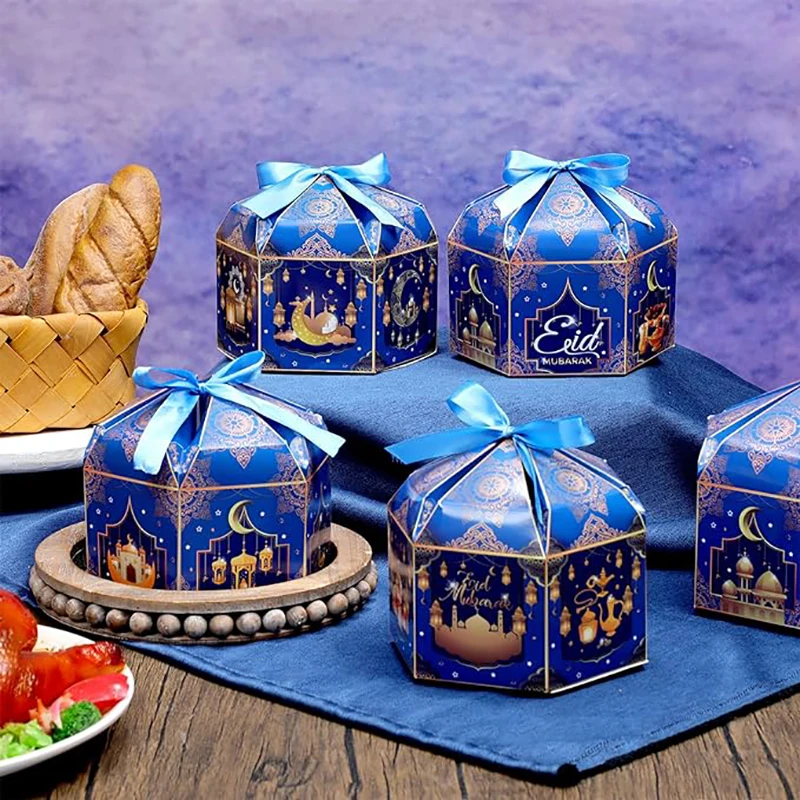 12Pcs Ramadan Eid Mubarak Treat Boxes Ramadan Gift Boxes with Ribbon for Ramadan Party Decorations Muslim Candies Goodies Boxes