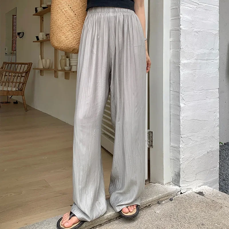 

New spring and summer casual pants for women, breathable straight pants, high-waist drape, slightly wrinkled wide-leg pants