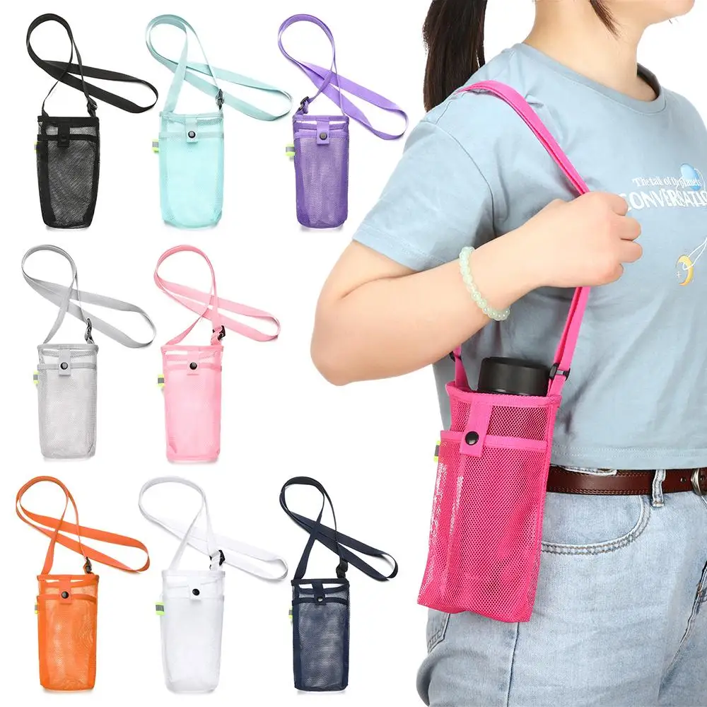 Travel Outdoor Sport Water Bottle Cover Portable Mesh Cup Pouch With Strap Mobile Phone Bag Visible Bag Camping Accessories
