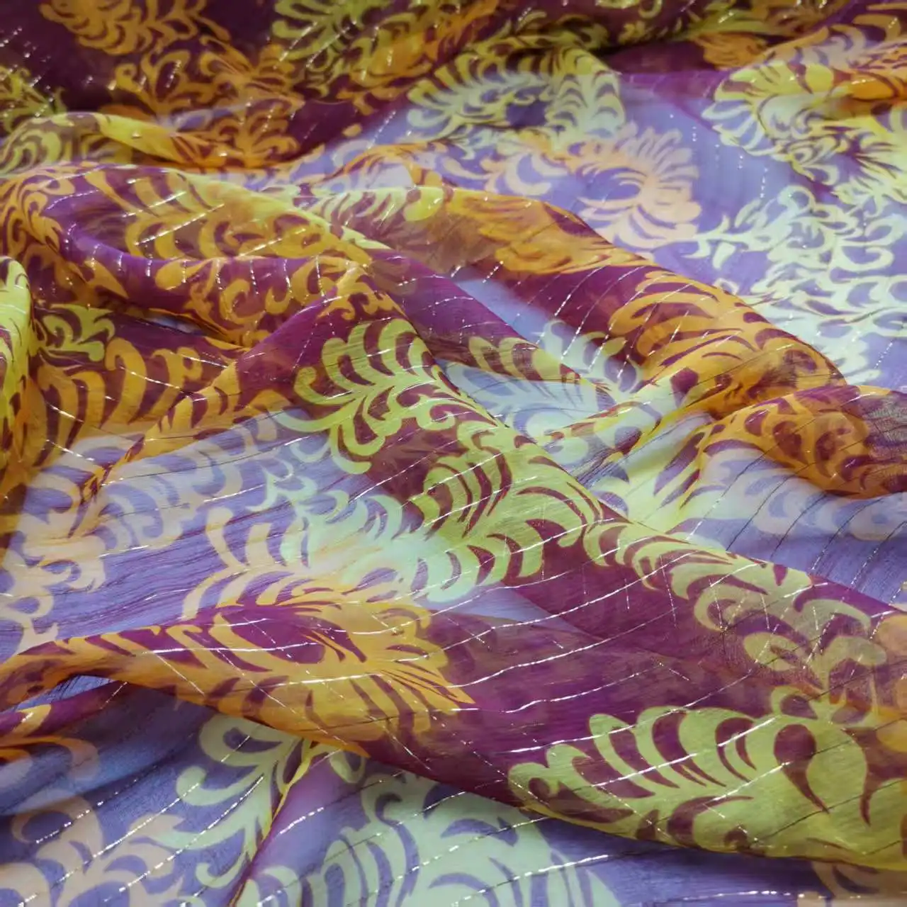 Metallic Bling Silk Georgette Shimmer Printed Qualified Shiny Silk Breathable Fabric
