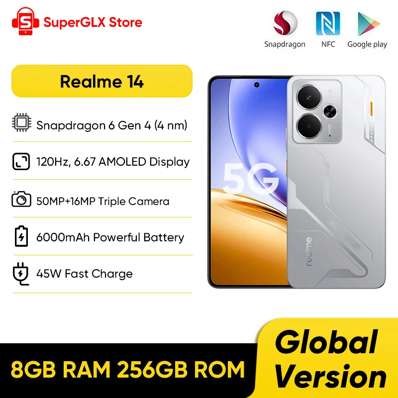Global Version Realme 14 5G Smartphone 8GB 256GB 6000mAh 45W Fast Charging Snapdragon 6 Gen 4 Bionic Cooling Waterproof 50MP OIS