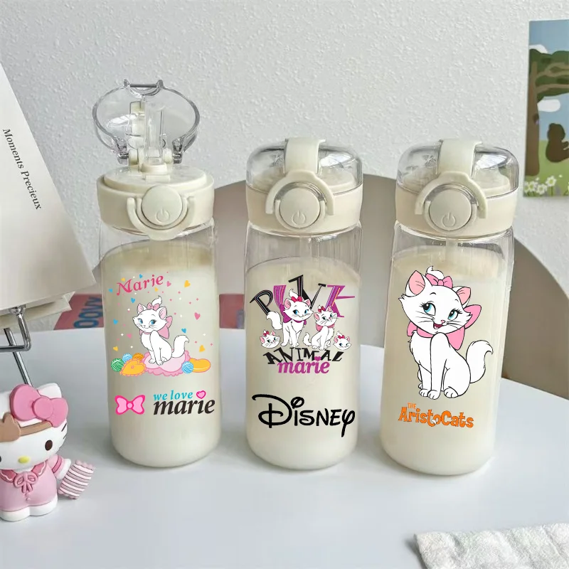 Disney Marie Cat 400ml The Aristocats Transparent Portable Plastic Straw Cup Children Drinking Bottle Outdoor Sport Big Capacity