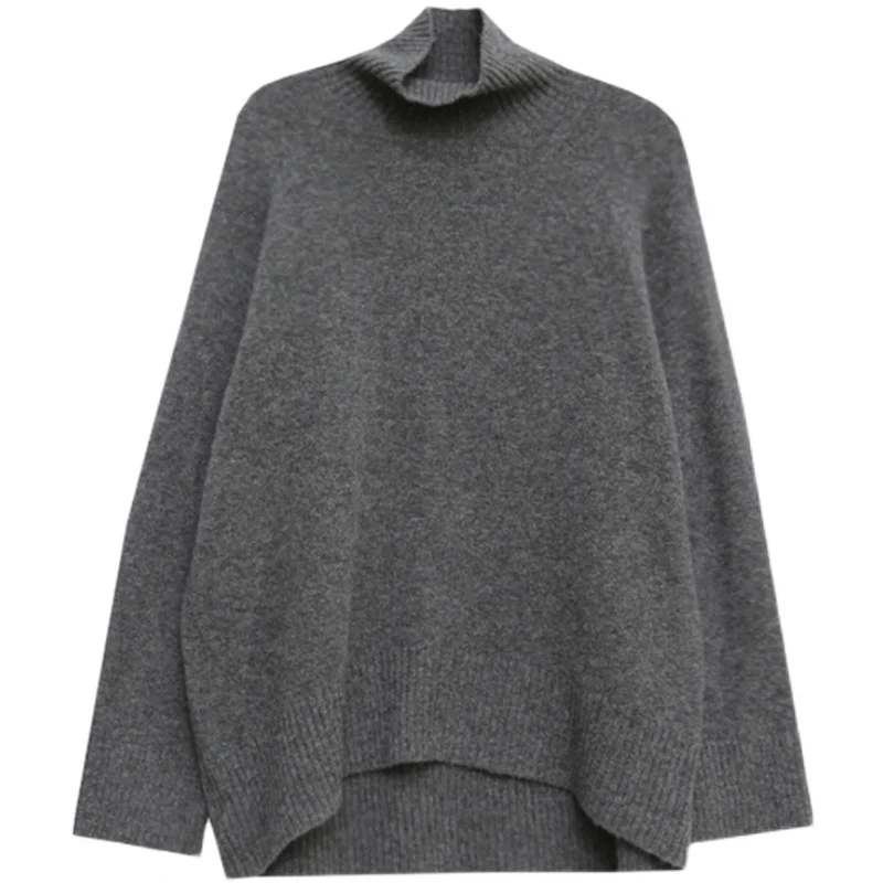 Grey Turtleneck Women\'s Pullover Sweater Loose Languid Style 2022 New Autumn Winter Cashmere Thick Long Sleeve Knit