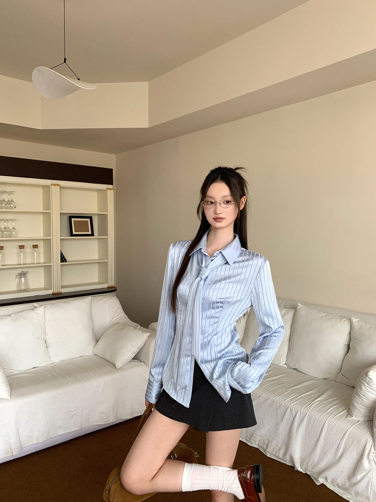 Haut Chic à rayures bleu pour femmes, coupe cintrée, haut Chic, confortable, respirant, Long, en Fiber de Polyester, automne