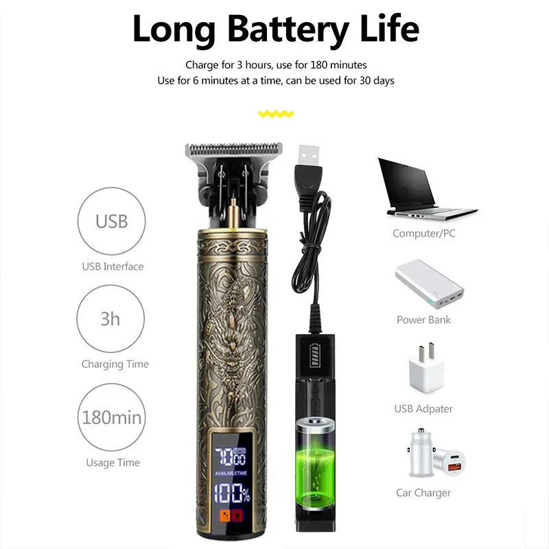 USB 남성용 전기 헤어 클리퍼 / LCD 디스플레이 신형 전기 남성용 레트로 T9 스타일 부처 머리 오일 헤드 가위 신제품 핫 세일