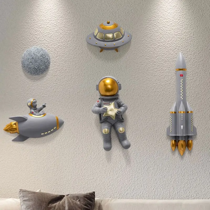 Rocket Space Station Aircraft Moon Flying Saucer Spacecraft Star Astronaut Resin Wall Pendant Children\'s Room Wall Decoration