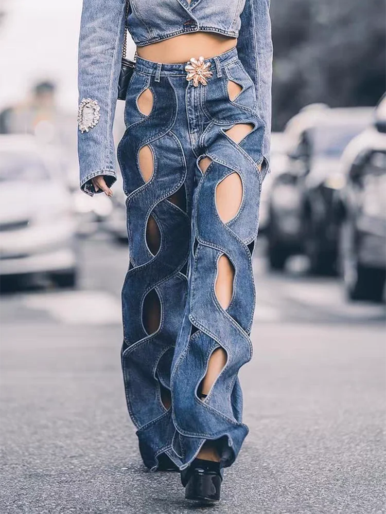 CHICEVER Crisscross Colorblock Hollow Out Denim Pants For Women High Waist Patchwork Floral Vintage Casual Loose Trouser Female