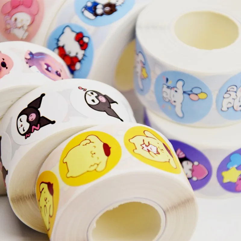 

500Pcs/Roll Sanrio Hello Kitty Sealing Stickers Kuromi My Melody Anime Figures Cute Stickers for Skateboard Laptop Luggage Phone