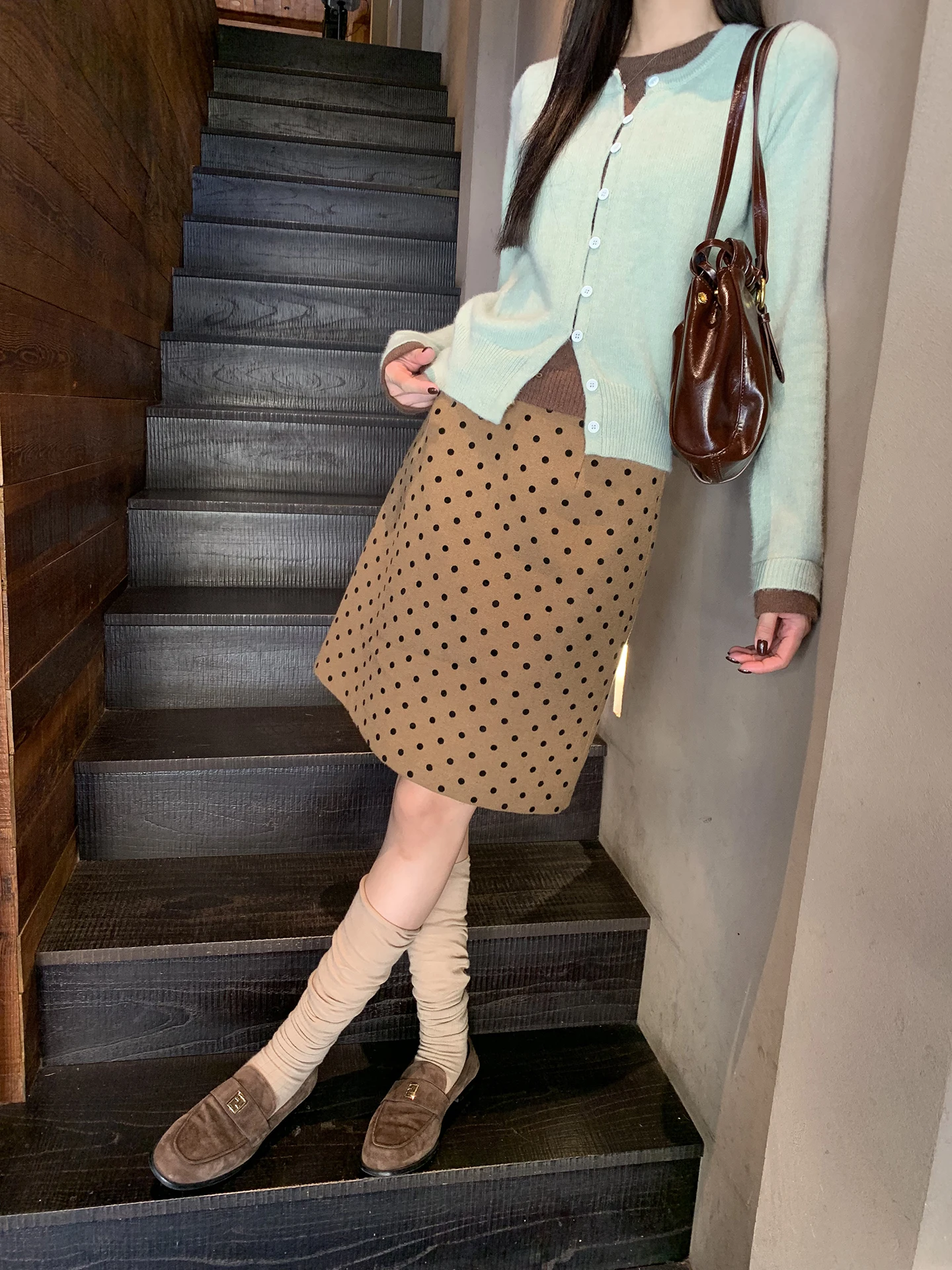 Red Celebri A-Line  Skirt Women's Autumn Winter 2025 New Coffee Color Polka Dot Woolen Wrap around ort Skirt