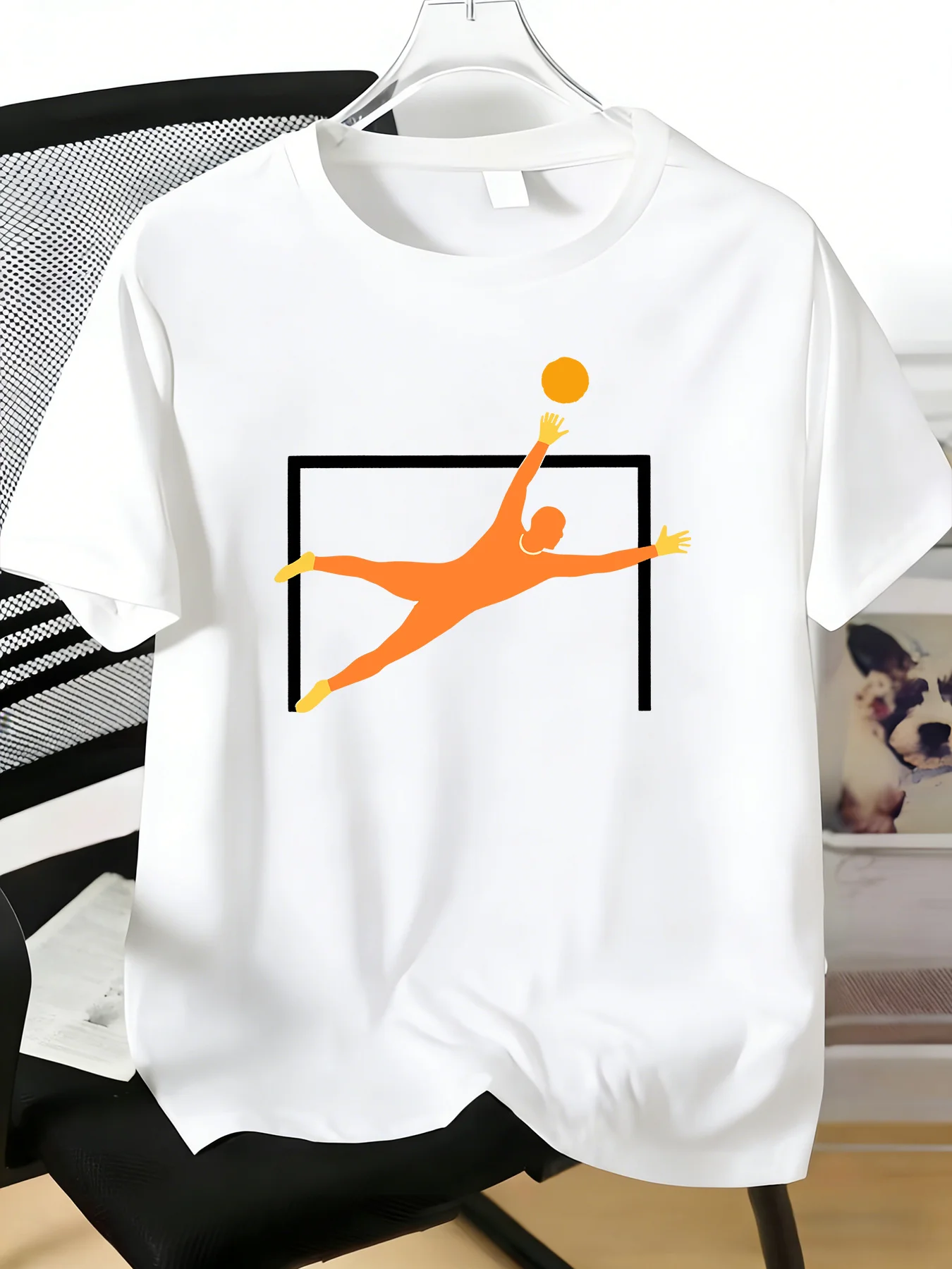 Mens Soft Cotton Tee Orange Goalkeeper Diving Graphic Crew Neck Sport Short Sleeve Tee Casual Top For Soccer Fan Daily Wear Gift