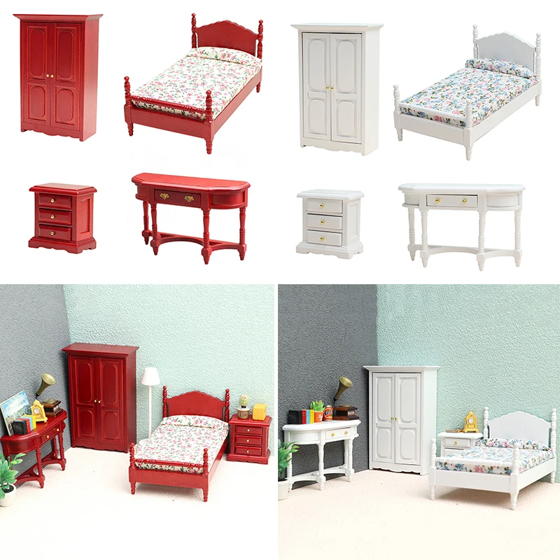 Simulation Furniture Model Mini Wood Bed Cabinet Table Set Bedroom Miniature Scene Decoration 1:12 Dollhouse Accessories