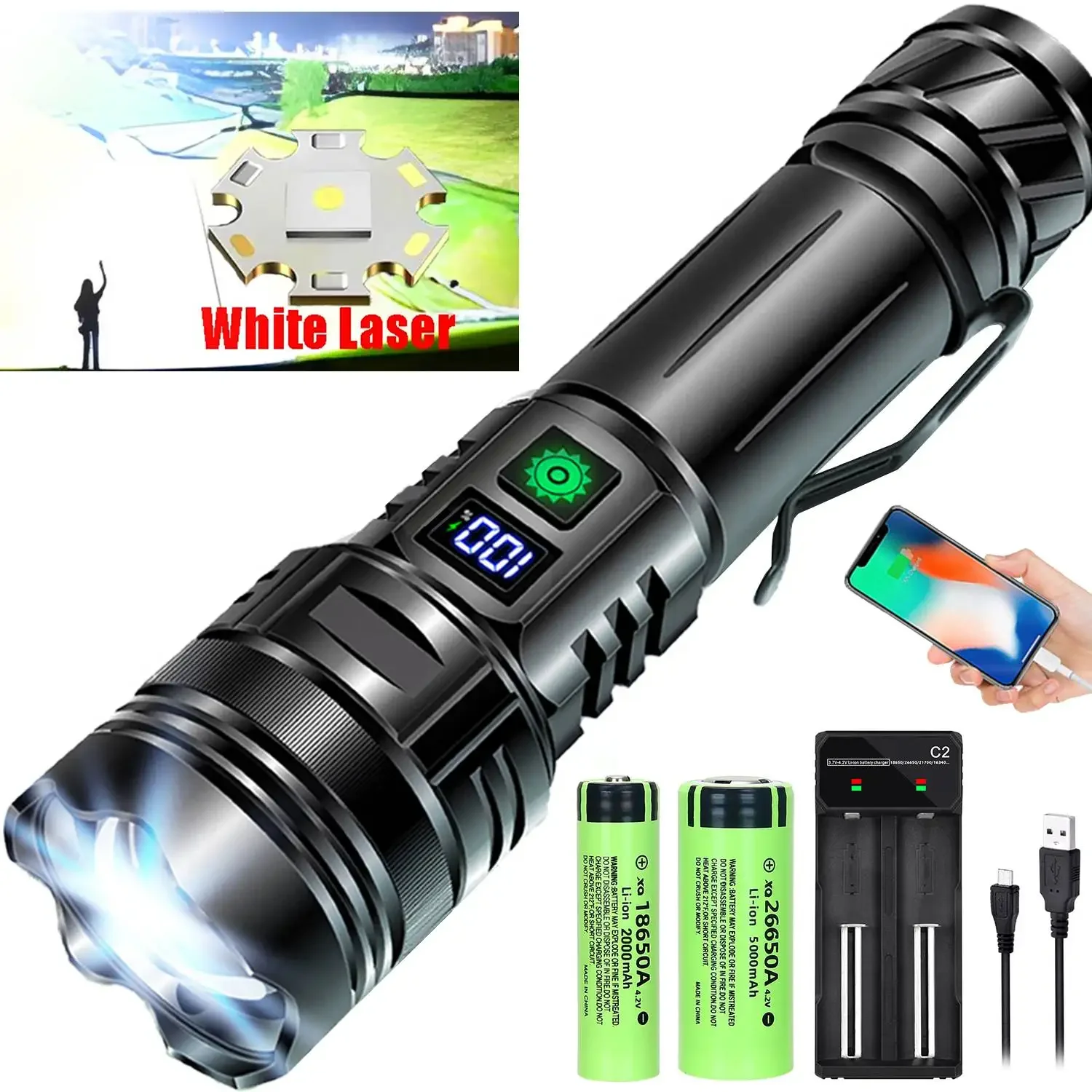 High Power LED Flashlight Type-C USB Rechargeable Long Range Tactical Torch Strong Light Lamp Outdoor Ultra Powerful Flash Light