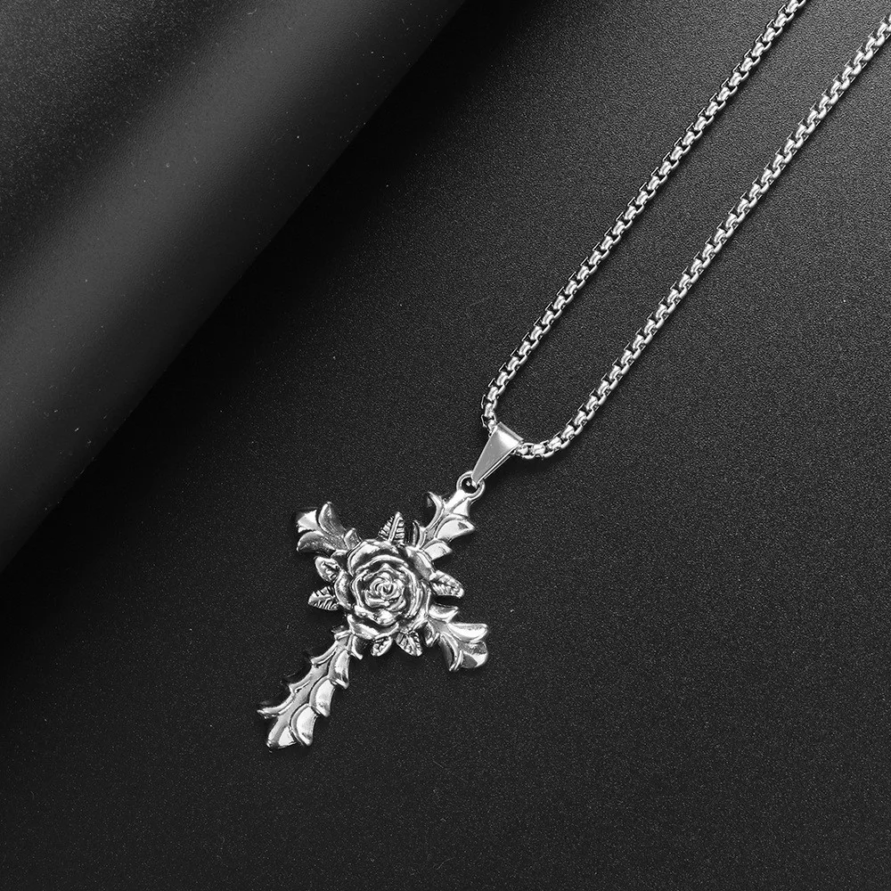 European and American personality retro hipster rose cross men and women long necklace hip hop couple pendant sweater chain