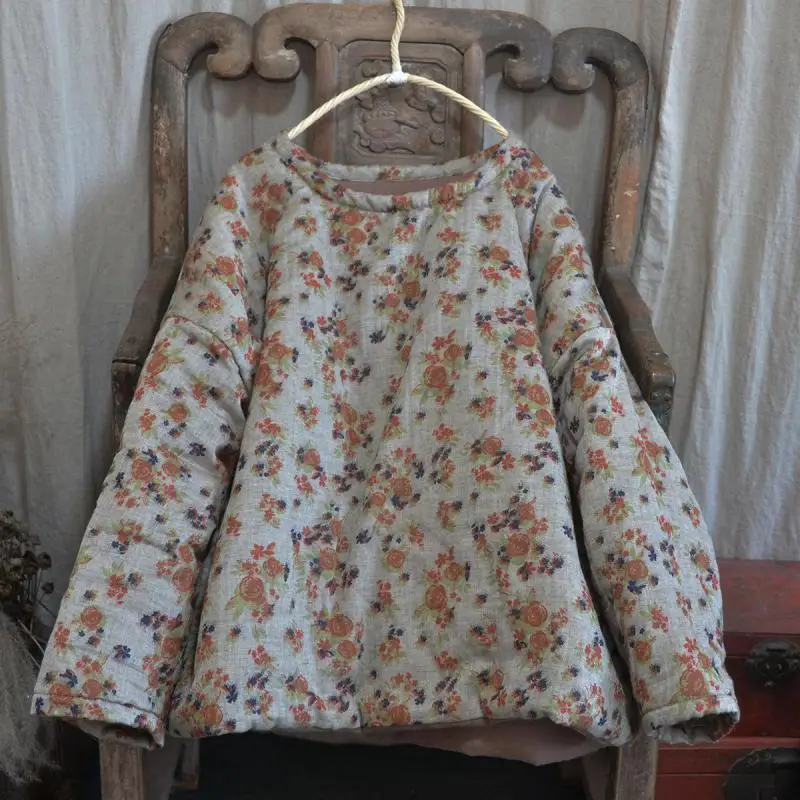 Autumn Winter New Arts Style Women Long Sleeve O-neck Pullover Quilted Coat Vintage Floral Print Cotton Linen Padded Coats Tops