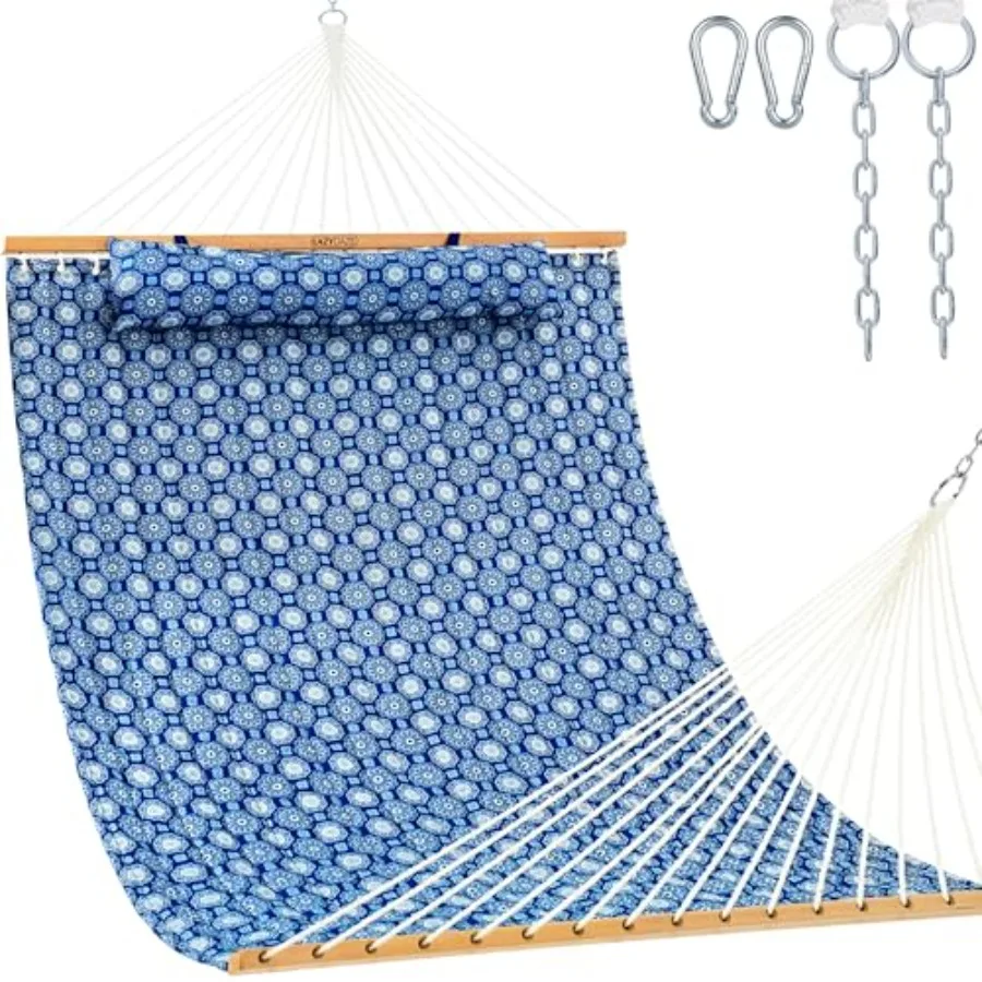 

Outdoor patio backyard poolside 12ft quilted fabric hammock with soft pillow, double 2-person spreader bar design, beige color,