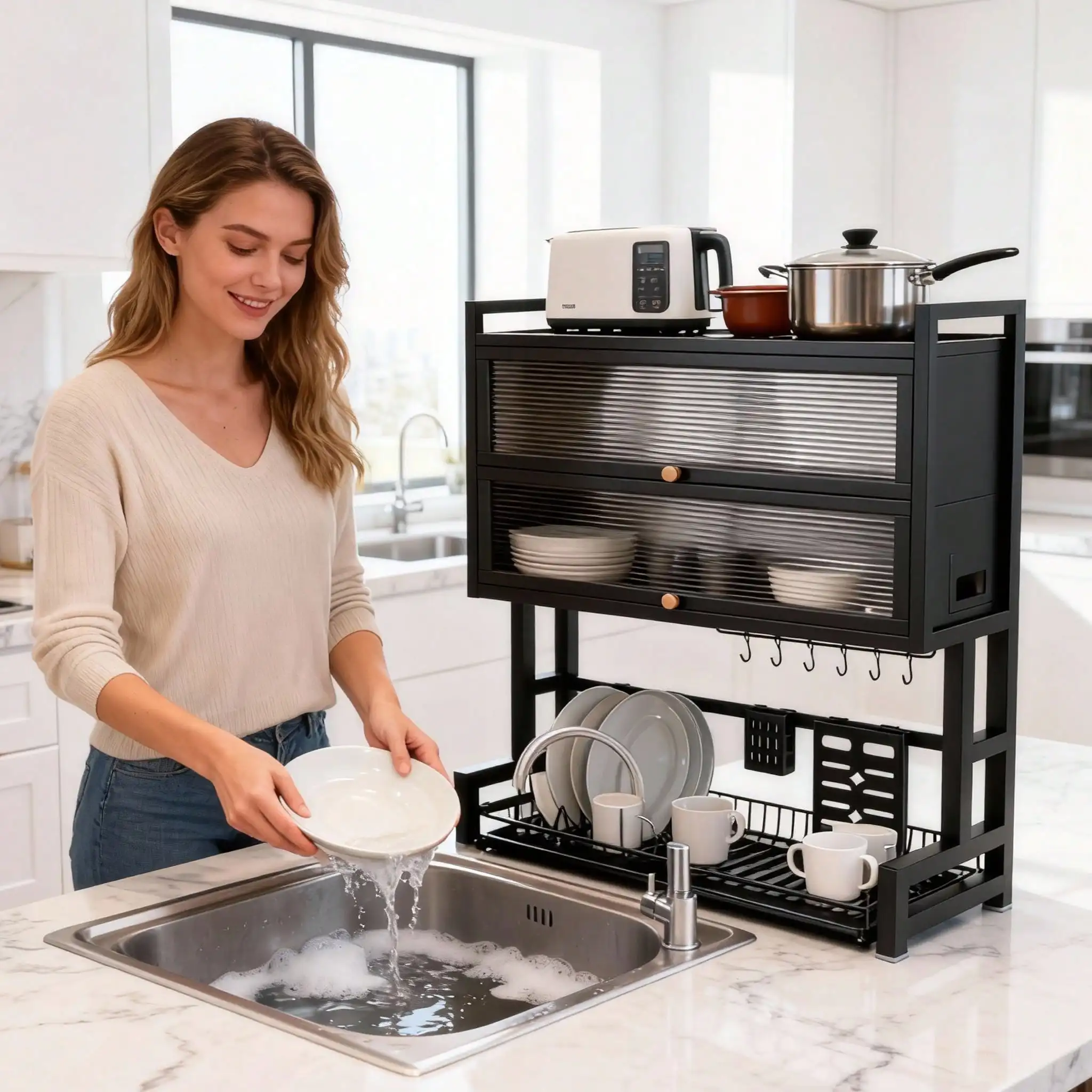 HanTai Over The Sink Dish Drainer Drying Rack 4 Tier Over Sink Dish Rack For A Tidy Kitchen Sink Shelf Organized Space-Saving Dish Rack With Cover For Dishes, Glasses, Bowls, And Cutlery