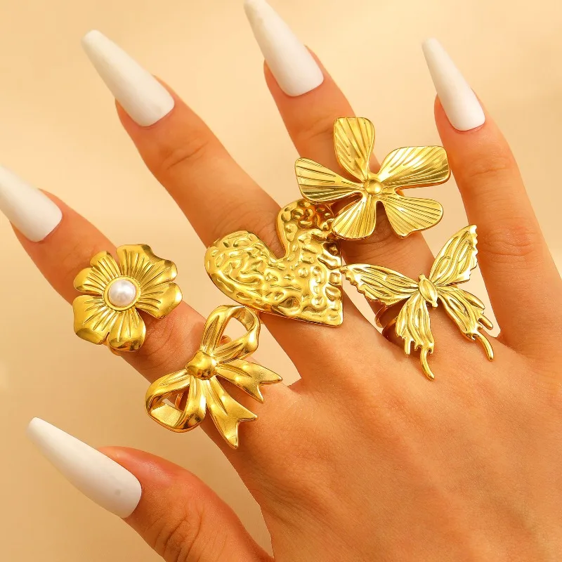 

Stainless steel ring for women, exaggerated flower, heart, bow, open finger