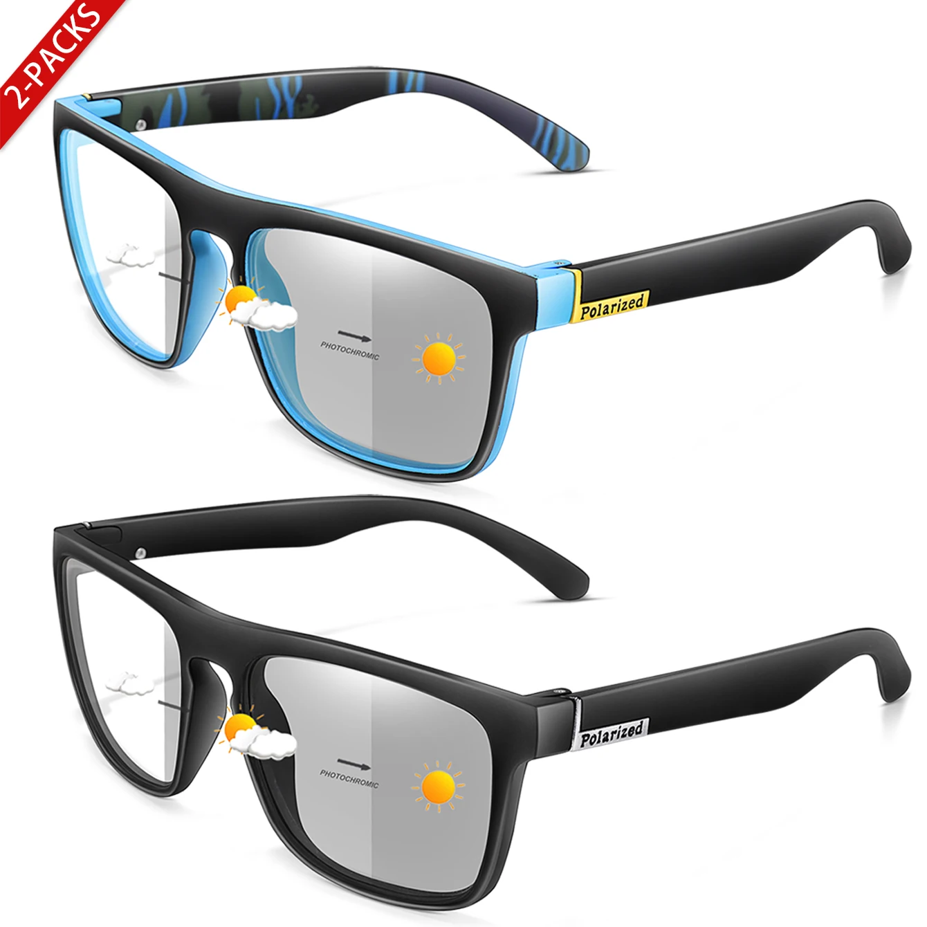 2 Packs Photochromic Sunglasses for Men and Women Vintage Square Frame Glasses Outdoor Sports Cycling Running Hiking Eyewear