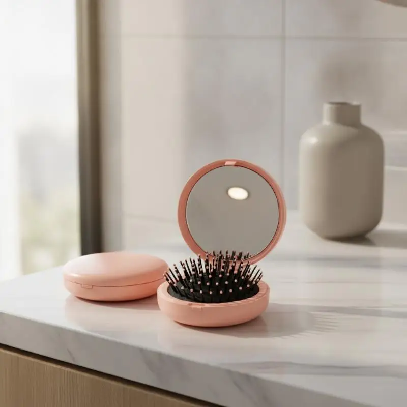 Mini Foldable Air Cushion Hair Brush Soft Massage Bristles Built-in Small Mirror Portable Carry-on for Outdoor Activities