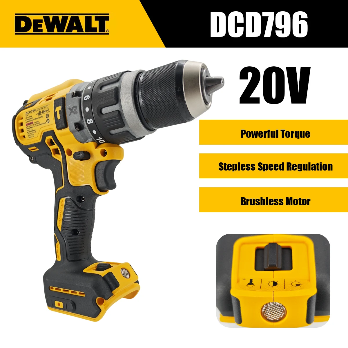 

Dewalt DCD796 Cordless Brushless Impact Drill Brushless Drive Compact Drill Rechargeable Portable 20V Battery Power Tools
