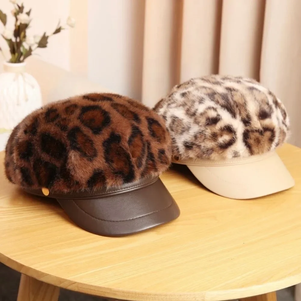 Retro Leather Patchwork Leopard Print Beret Hard Brim Winter Warm Newsboy Cap Artist Hat for Women