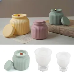 Stripe Round Candle Jar Silicone Mold With Lid DIY Succulent Flower Pot Jewelry Storage Box Plaster Epoxy Resin Molds Home Decor