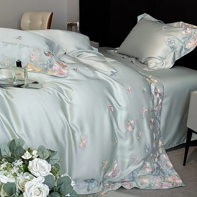 Light Luxury High-end Sense Ice Silk Four-piece Set Silky Naked Sleeping Quilt Cover Flat/Fitted Sheet Pillowcase Bedding Set