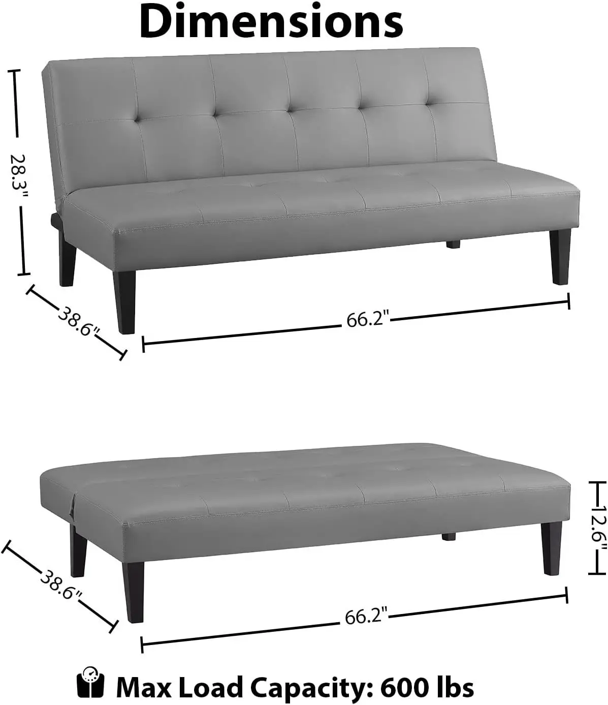 Gray Faux Leather Futon Sofa Bed, Modern Convertible Sofa with Wooden Legs, Reclining Small Couch Bed, Durable and Sturdy