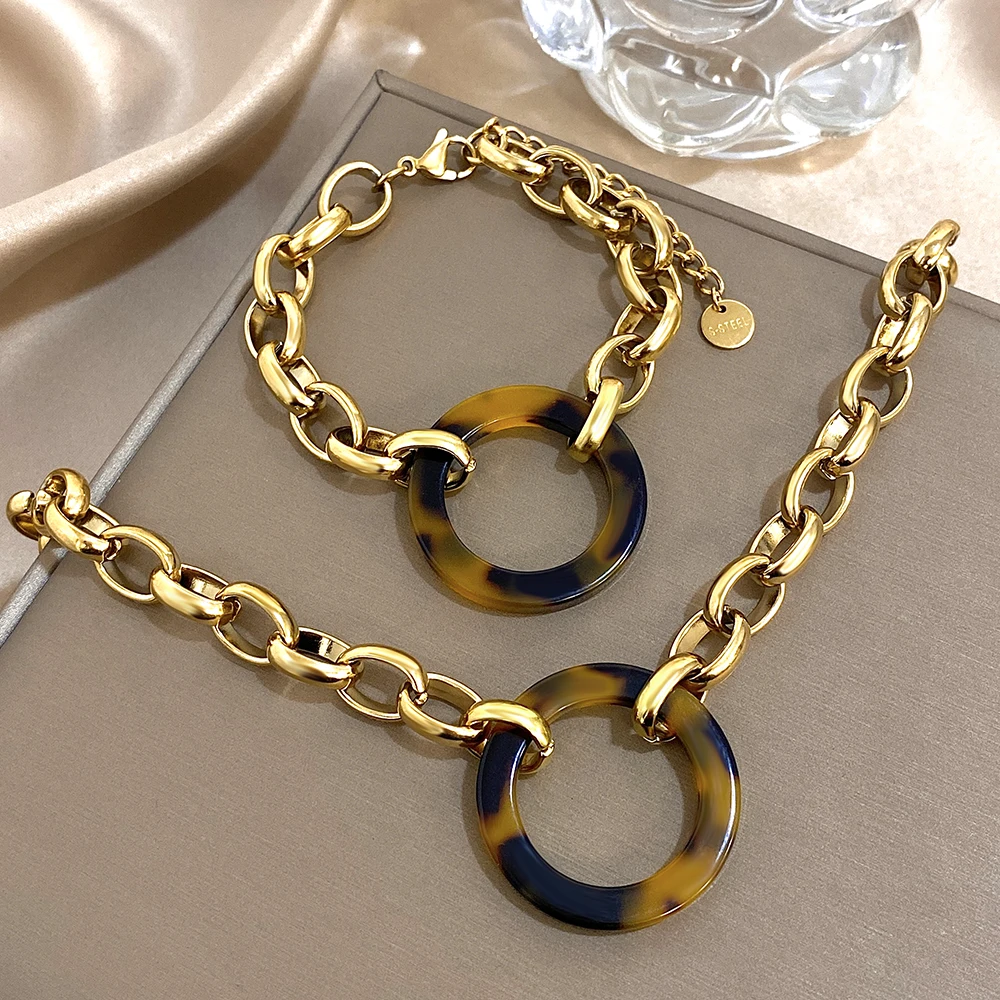 Punk Chunky Women\'s Set Jewelry Gold Color Thick Chain Leopard Pendant Stainless Steel Necklace Bracelets Set Fashion Jewelry
