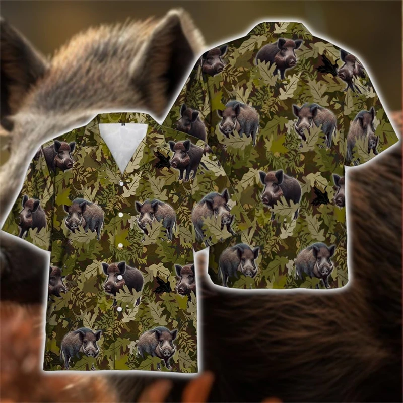 

Fashion Wild Pig 3D Print Shirts For Men Clothes Hawaiian Boar Beach Shirt Cute Animal Lapel Blouse Aloha Vacation Short Sleeve