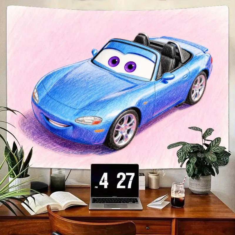

1 шт. синий мультяшный автомобильный гобелен, кавайный фиолетовый глаз, трансформируемый настенный рисунок, современный полиэстер, декор для спальни, общежития, подарок для детей и автомобиля F