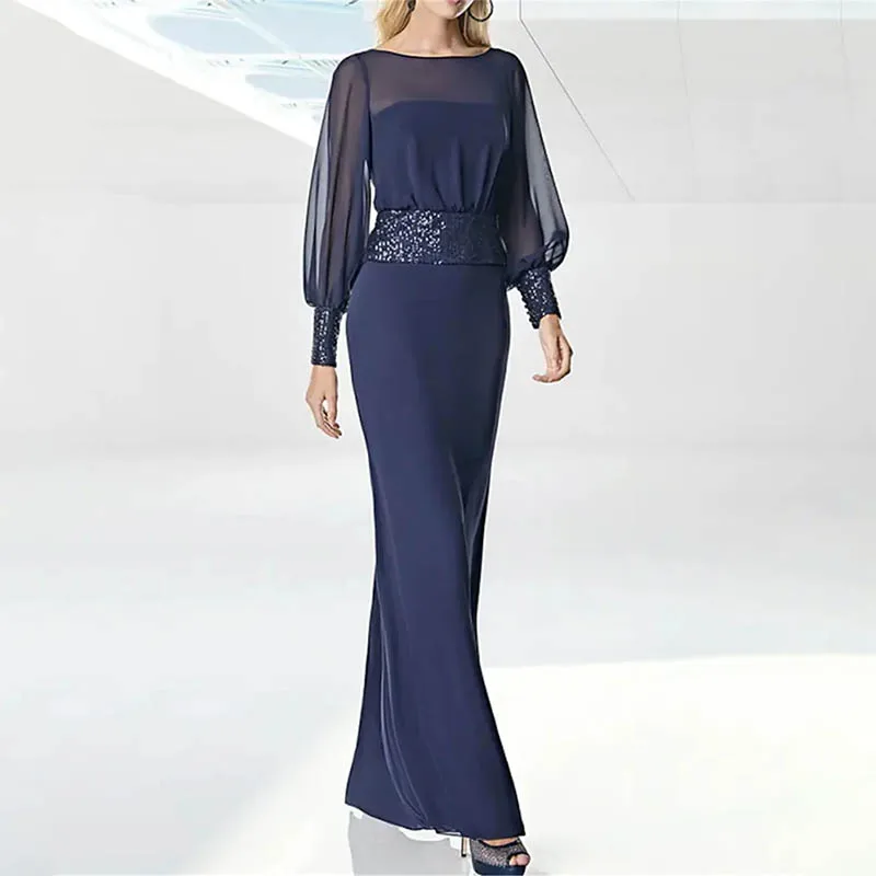 

Exquisite Elegant Mother of the Bride Dress Jewel Neck Floor Length Chiffon Sequined Long Sleeve with Sash