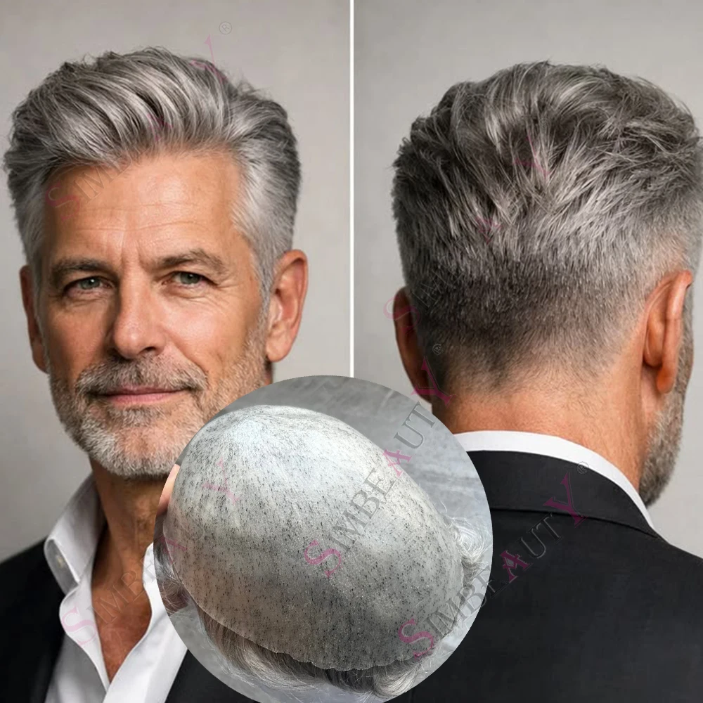Black Human Hair #6 #4 Brown Gray Blonde Mens Toupee Strongest Undetectable Poly Skin Silicon Hair Replacement Natural Hairline