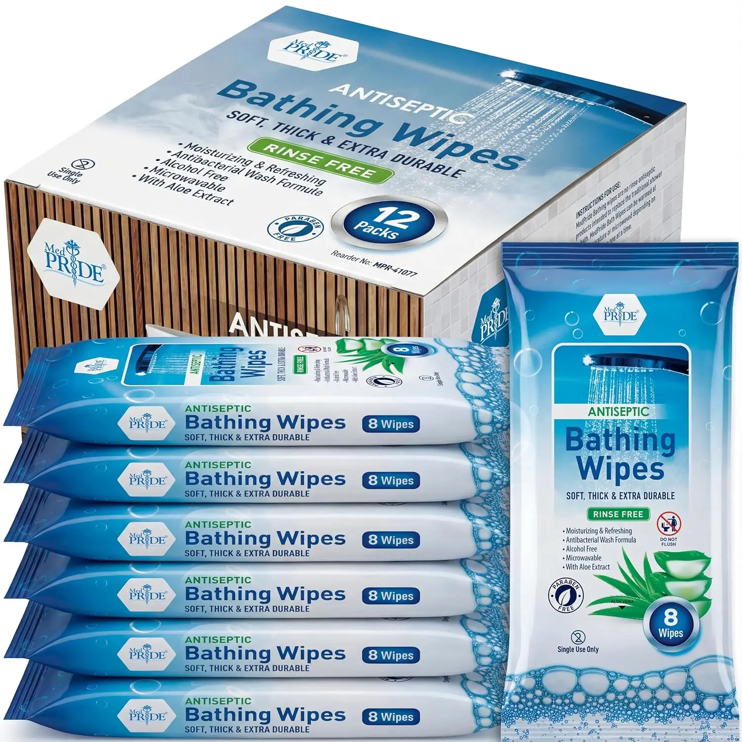 

Hospital Wipes for Bathing, Waterless Rinse Free Bath Wipes for Adults, Microwavable Soft Thick, 12 Packs (96 Count), Aloe Vera