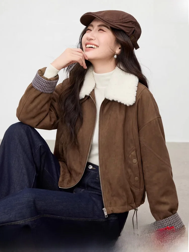 

Detachable Lamb Velvet Collar ort Cotton Jaet Women's Sle Winter New Retro Patchwork Plaid Cuff Outerwear