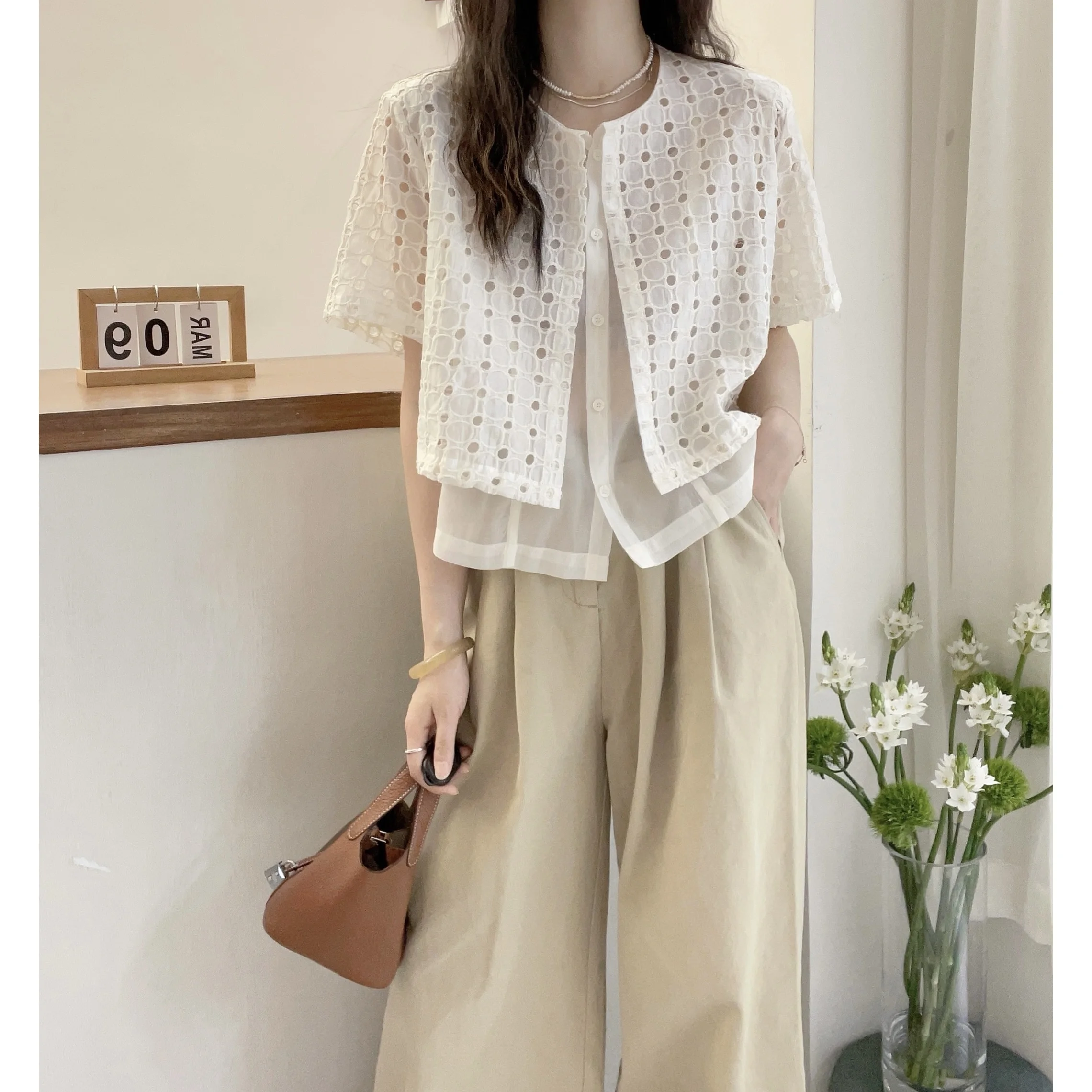 Kurzarmhemden Damen Baumwolle Patchwork Pintuck Slim Fit Bluse Vintage Minimalistisch Preppy Girlish Student Jugendlicher Retro