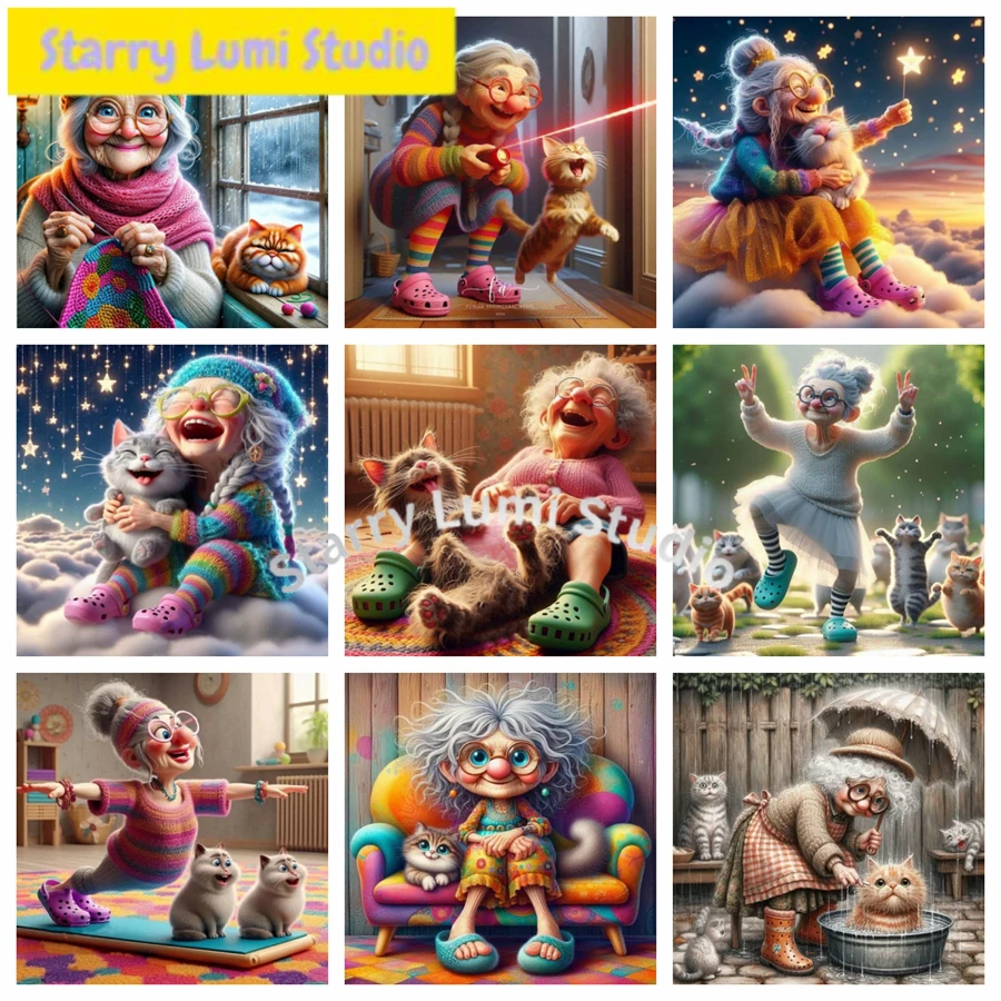 

Забавные наборы для алмазной вышивки 5D с изображением бабушки и кошки, полный комплект, вышивка крестом, настенное искусство, декор для дома, подарок