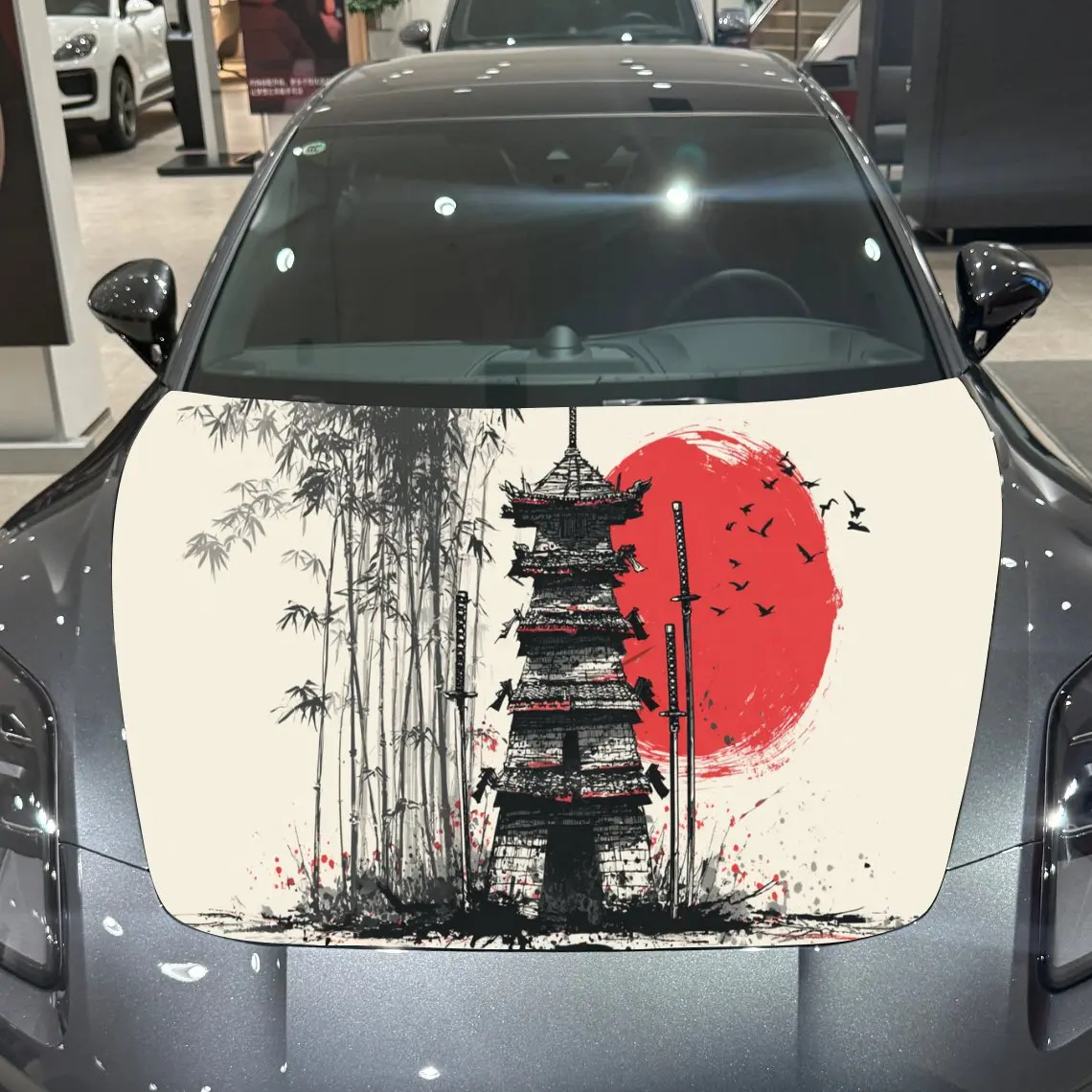 Japanese Style Pagoda Architecture with Bamboo and Red Sun PVC Car Hood Wraps, Self-Adhesive Waterproof Car Bonnet Decal Sticker