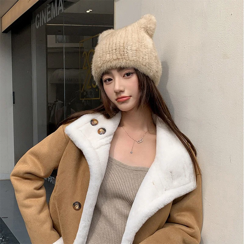 

2023 New Women's Mink Hat Russian Winter Outdoor Thickened Sweet Cat Ear Warmth Hat Fashion Korean Fur Hat